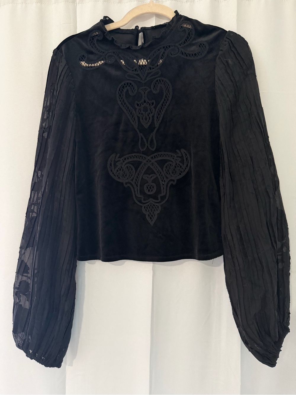 Zara Black Velvet Lace-Inset Blouse with Sheer Pleated Sleeves